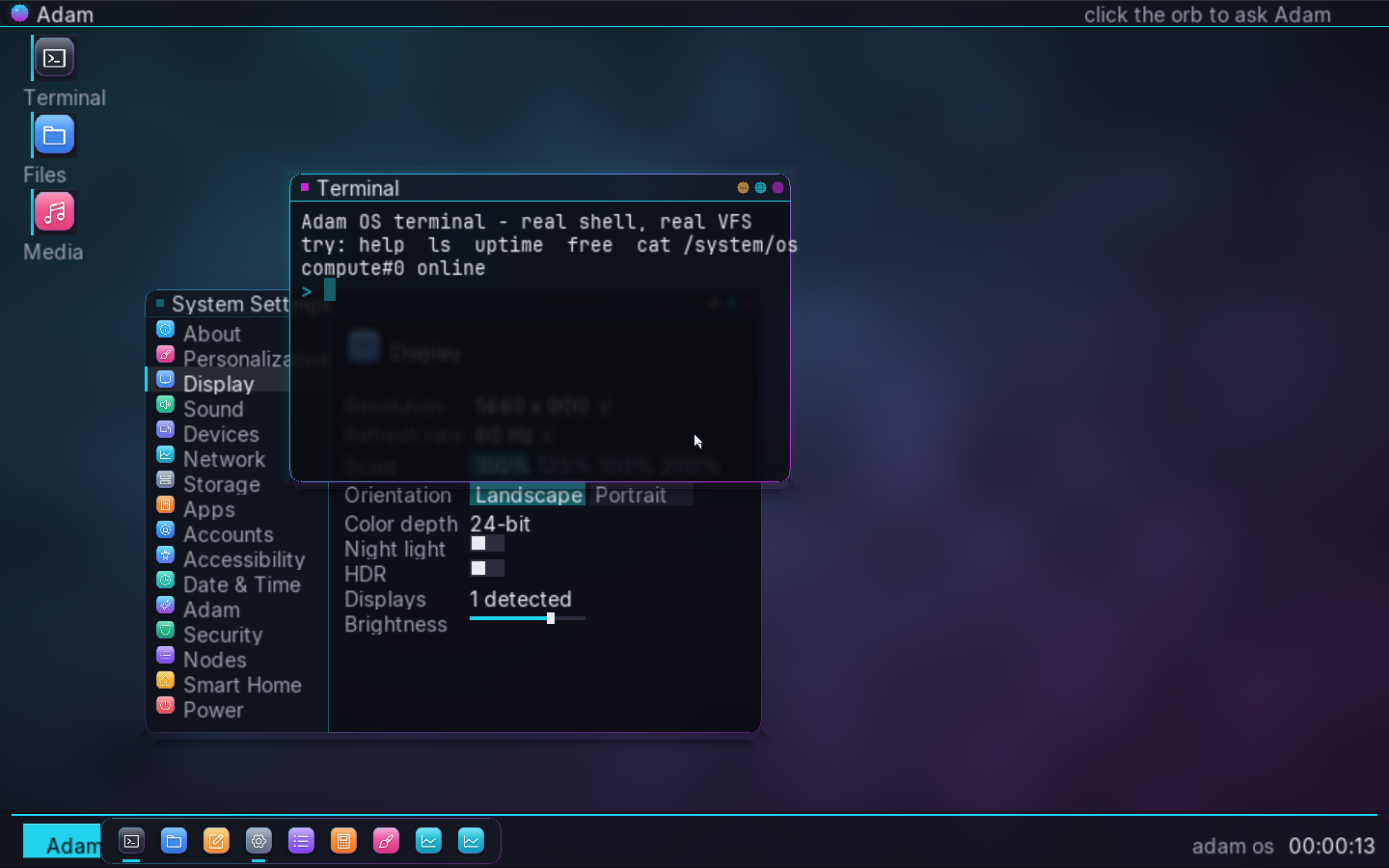 ADAM OS beta desktop with native Terminal, Files, Media, Settings, and system controls