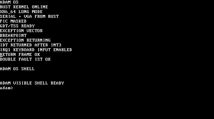 ADAM OS beta Rust x86_64 kernel terminal reporting boot checks and a ready visible shell
