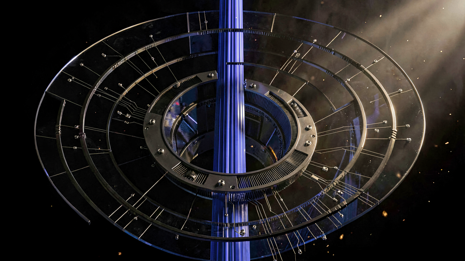 Concentric system rings around a vertical blue core representing ADAM OS architecture