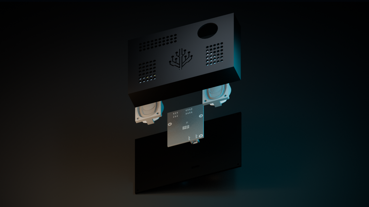 ADAM opened into its separated rear enclosure, main board, sensor and audio assembly, and front enclosure